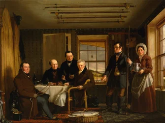 Diskussion über einen Lachsfang in einer schottischen Fischerhütte